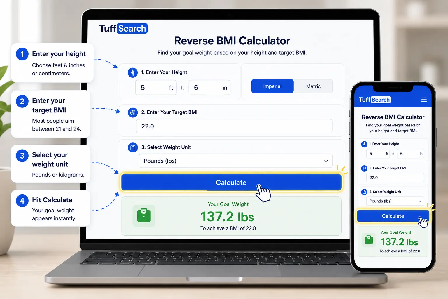 Step-by-step user instructions for the Reverse BMI Calculator tool.