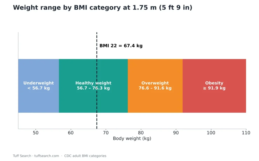 Chart of BMI categories for a person 1.75 m tall showing the weight range from 56.7 kg to 76.3 kg for BMI 18.5 to 24.9
Chart of BMI categories for a person 1.75 m tall showing the weight range from 56.7 kg to 76.3 kg for BMI 18.5 to 24.9