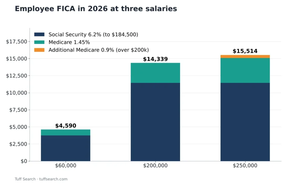 Bar chart of employee FICA tax in 2026: $4,590 at $60,000, $14,339 at $200,000 and $15,514 at $250,000